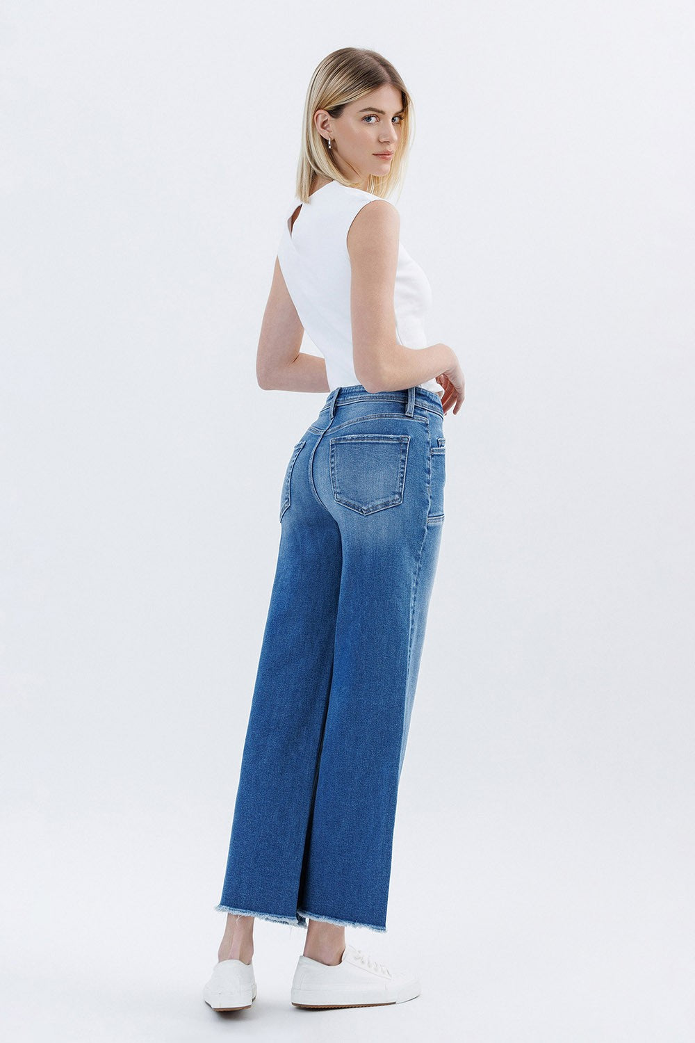 High Rise Raw Hem Ankle Wide Leg Jeans