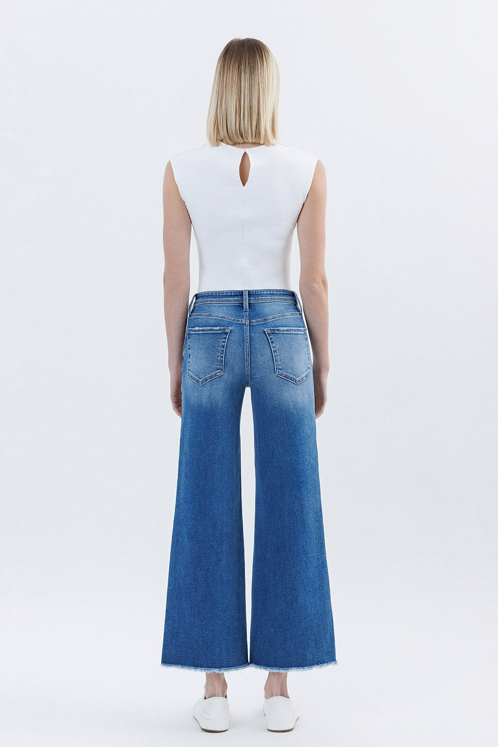 High Rise Raw Hem Ankle Wide Leg Jeans