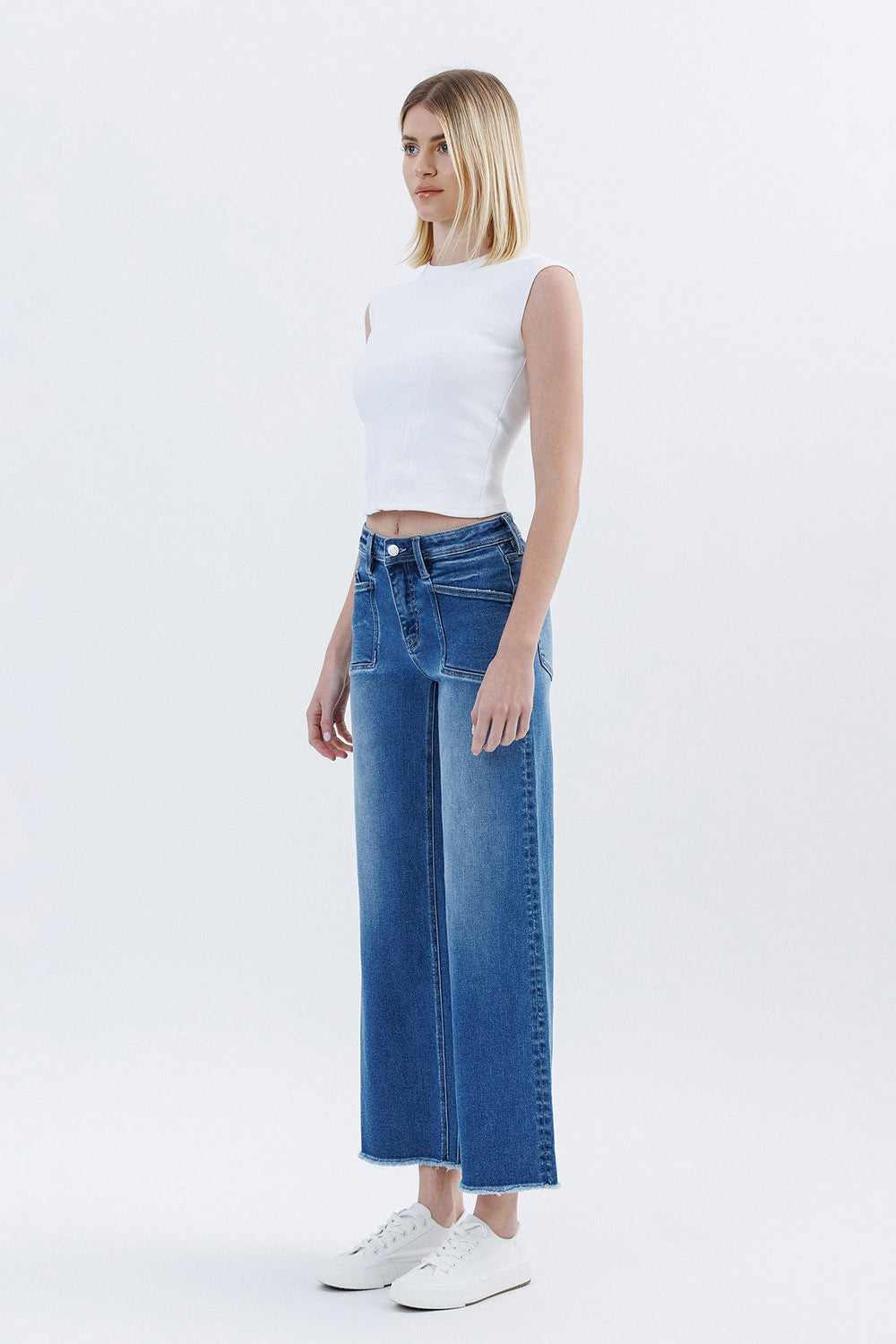 High Rise Raw Hem Ankle Wide Leg Jeans