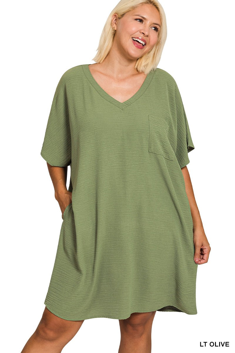 Plus Woven Airflow V Neck T Shirt Dress W/ Pockets