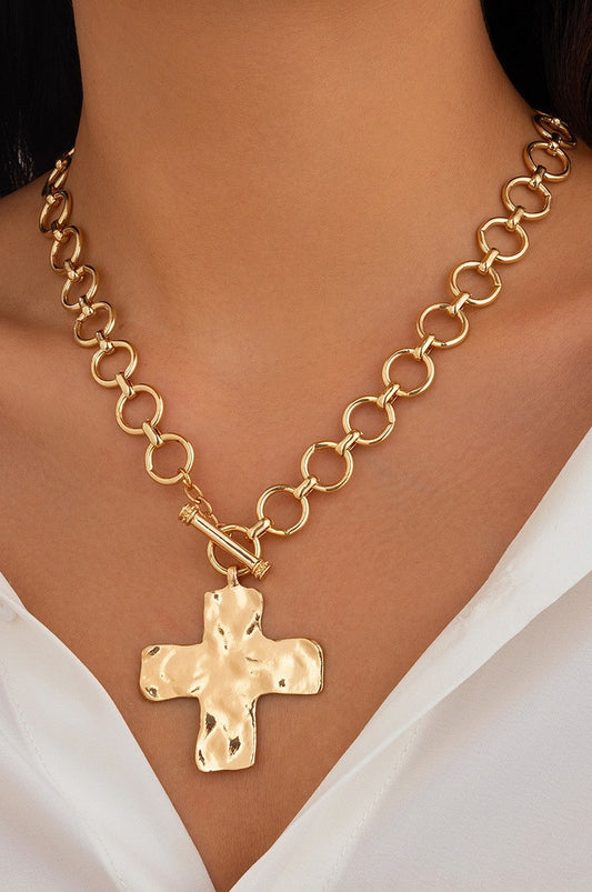 Notable Hammered Cross Front Toggle Necklace