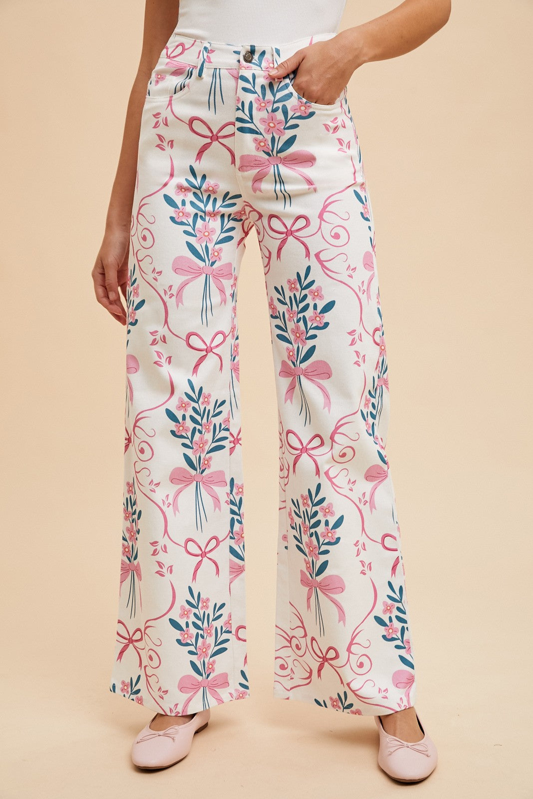 Comfy Stretch Flower & Bow Print Wide Leg Jeans