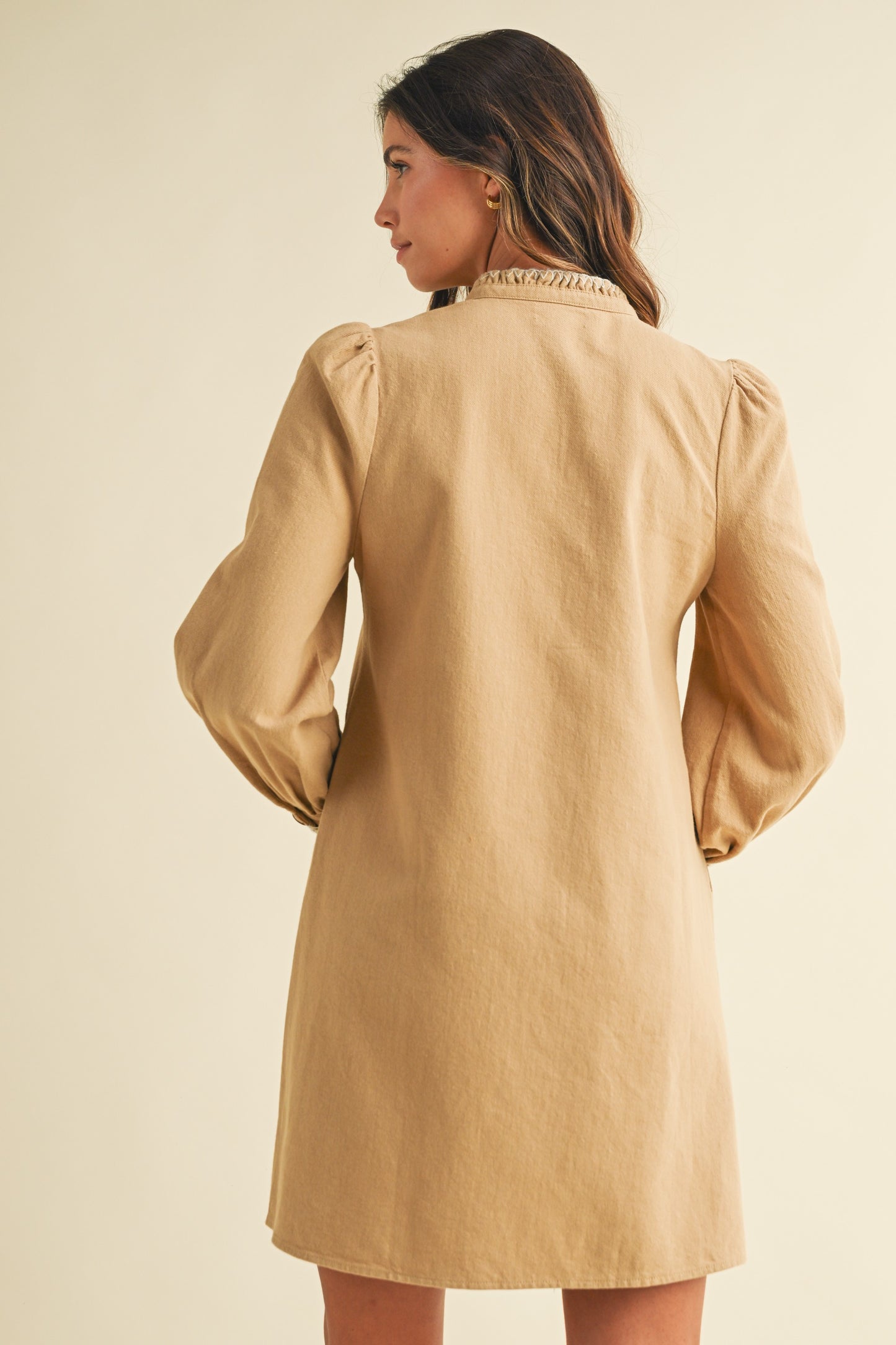 Blanket Stitch Button Down Cotton Twill Dress