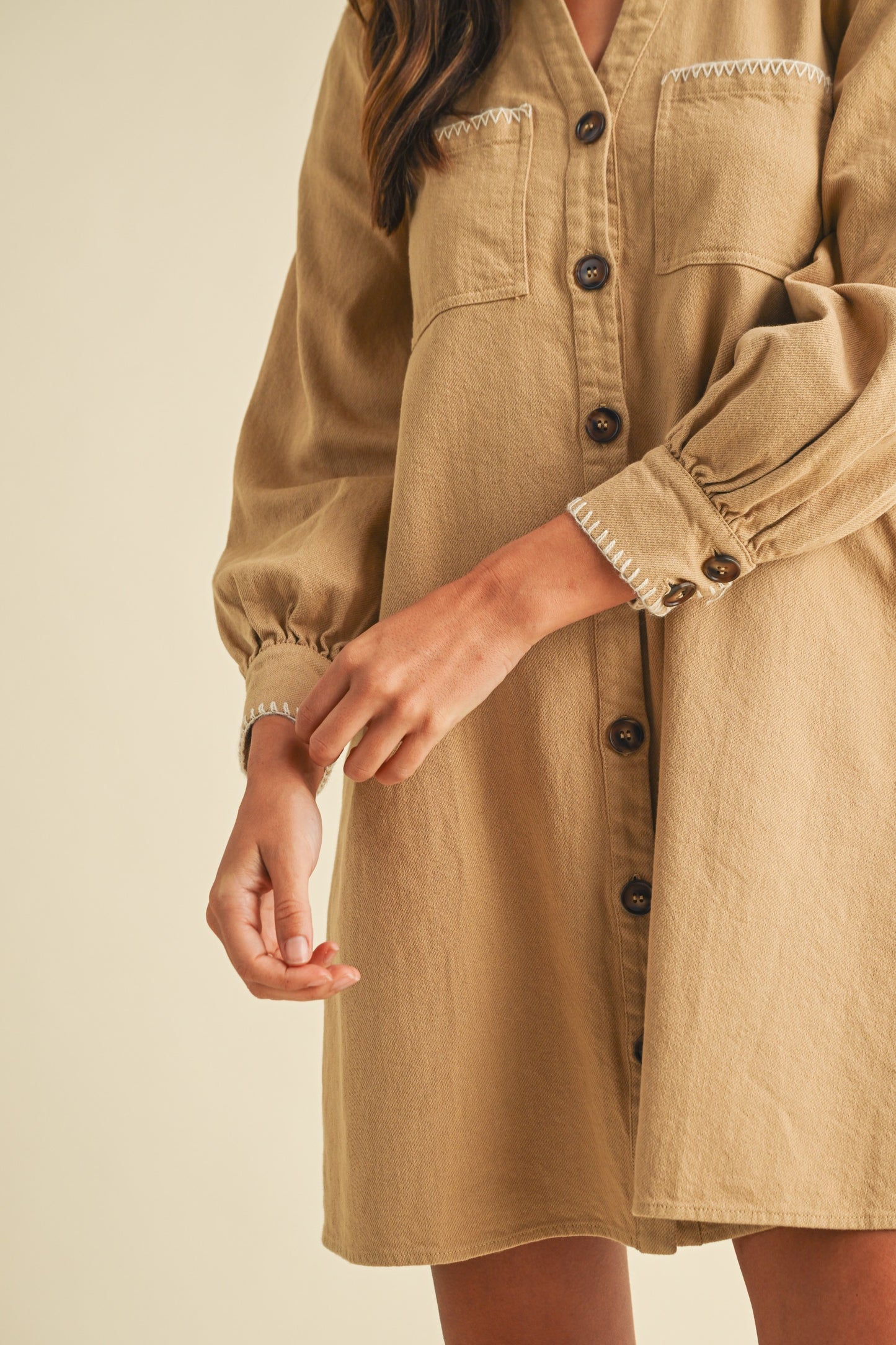 Blanket Stitch Button Down Cotton Twill Dress