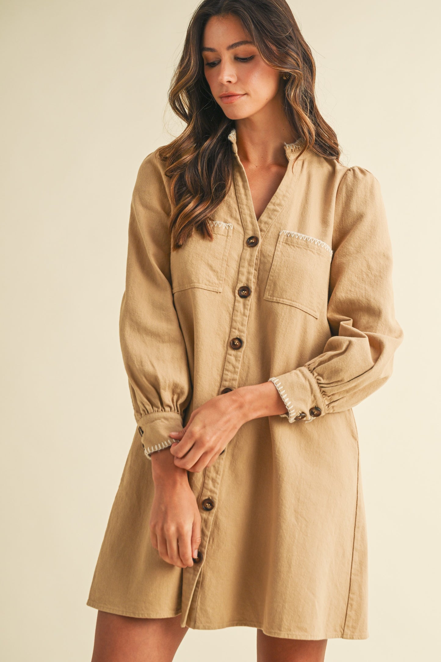 Blanket Stitch Button Down Cotton Twill Dress