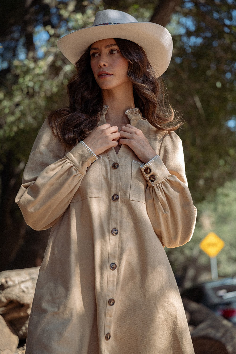 Blanket Stitch Button Down Cotton Twill Dress