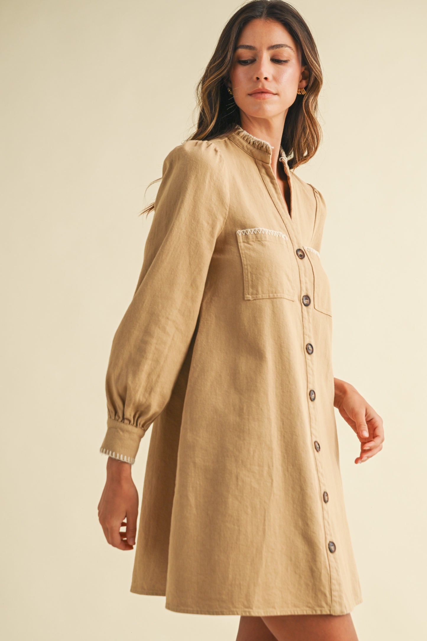 Blanket Stitch Button Down Cotton Twill Dress