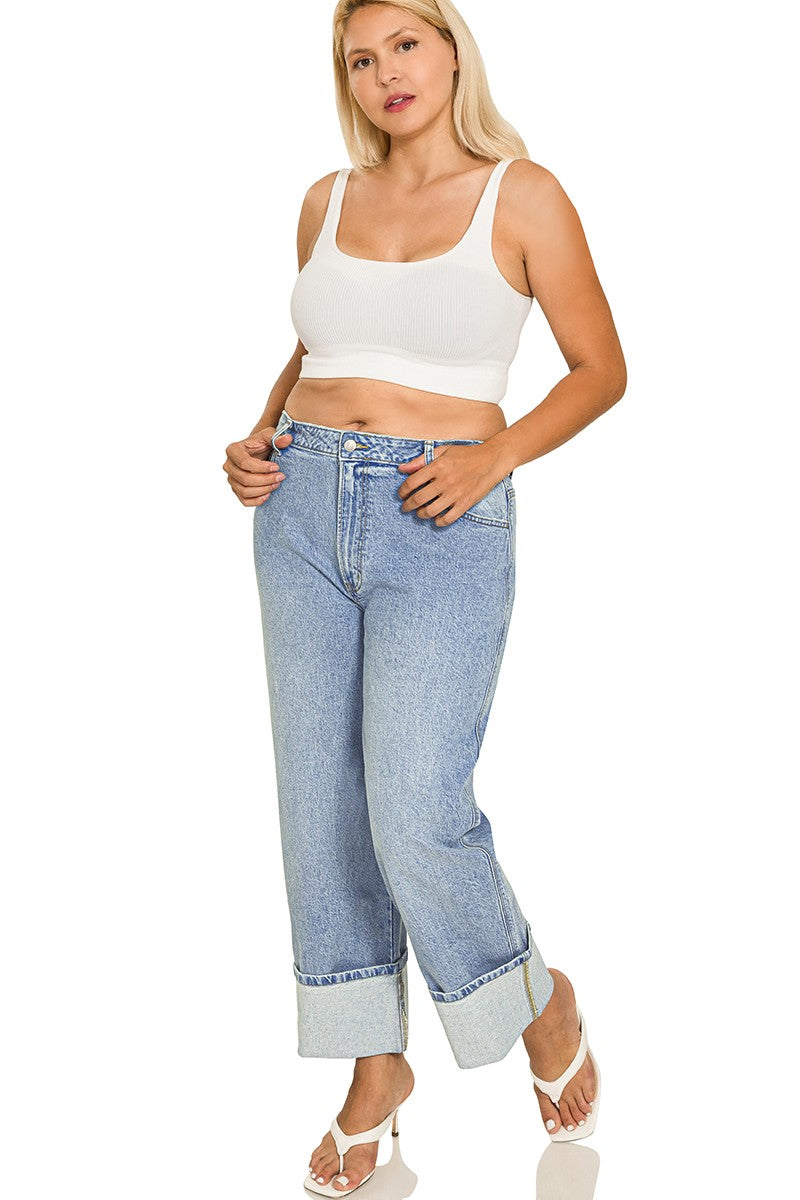 Plus High Rise Cuffed Wide Leg Denim Pants