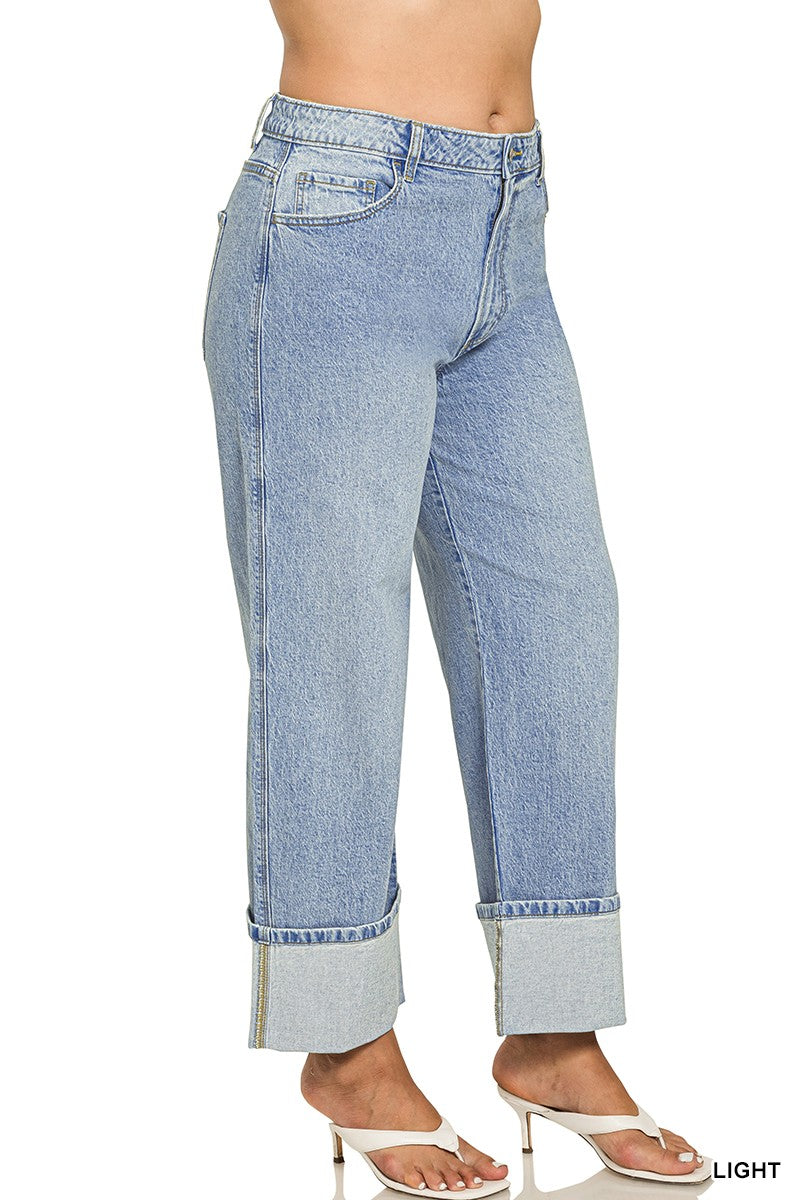 Plus High Rise Cuffed Wide Leg Denim Pants