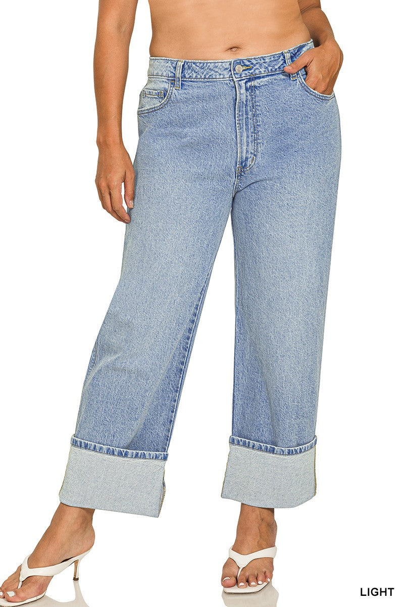 Plus High Rise Cuffed Wide Leg Denim Pants