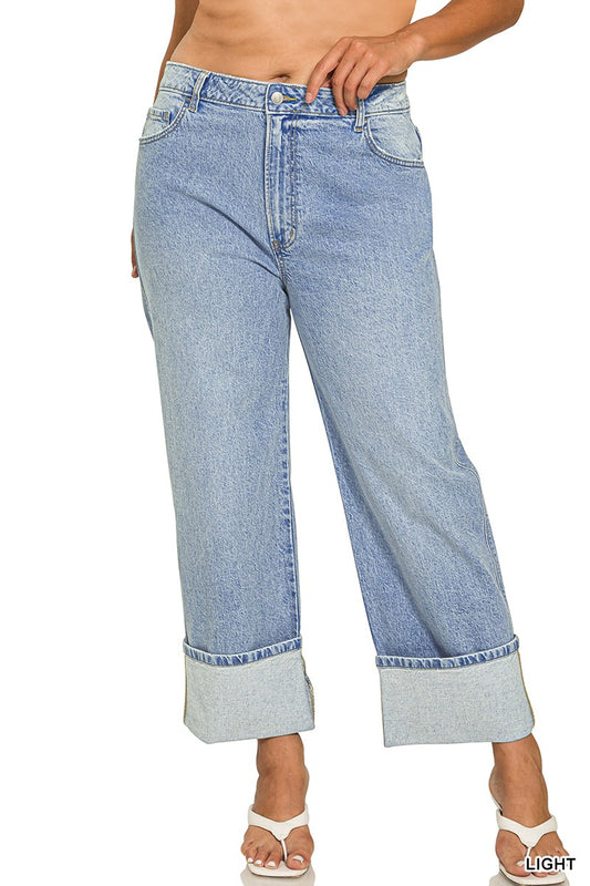 Plus High Rise Cuffed Wide Leg Denim Pants