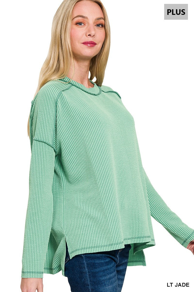Plus raised rib raw edge boat neck long sleeve top