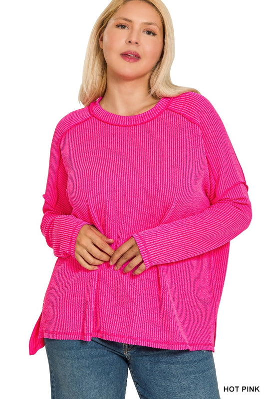 Plus raised rib raw edge boat neck long sleeve top