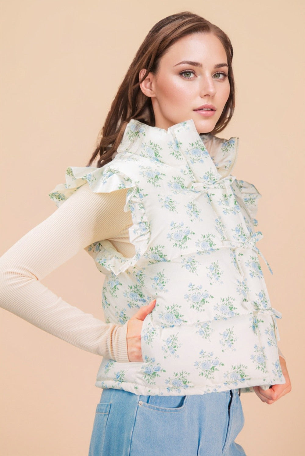 Front Bow Ruffle Sleeve Puffer Vest