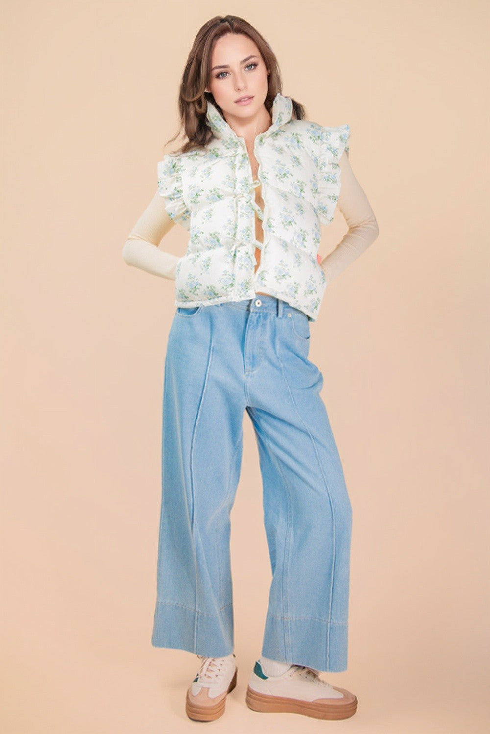 Front Bow Ruffle Sleeve Puffer Vest