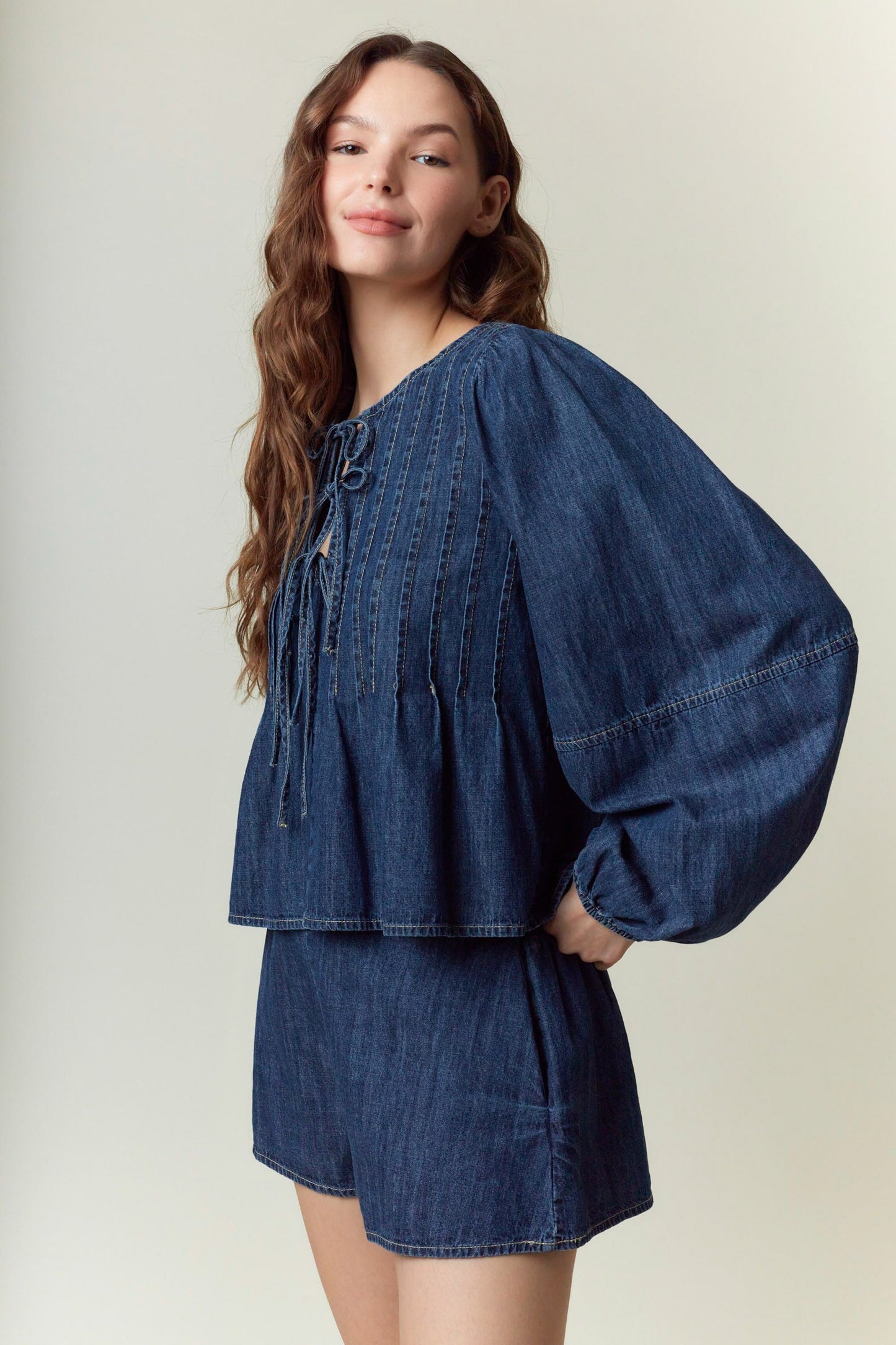 Washed Denim Pleats With Front Tie Flare Top