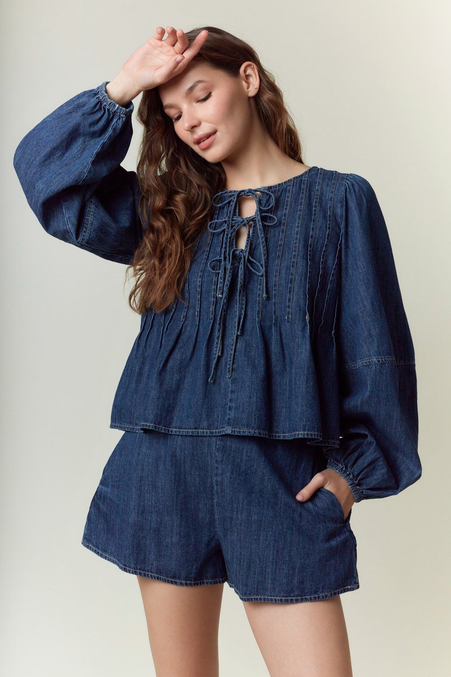 Washed Denim Pleats With Front Tie Flare Top