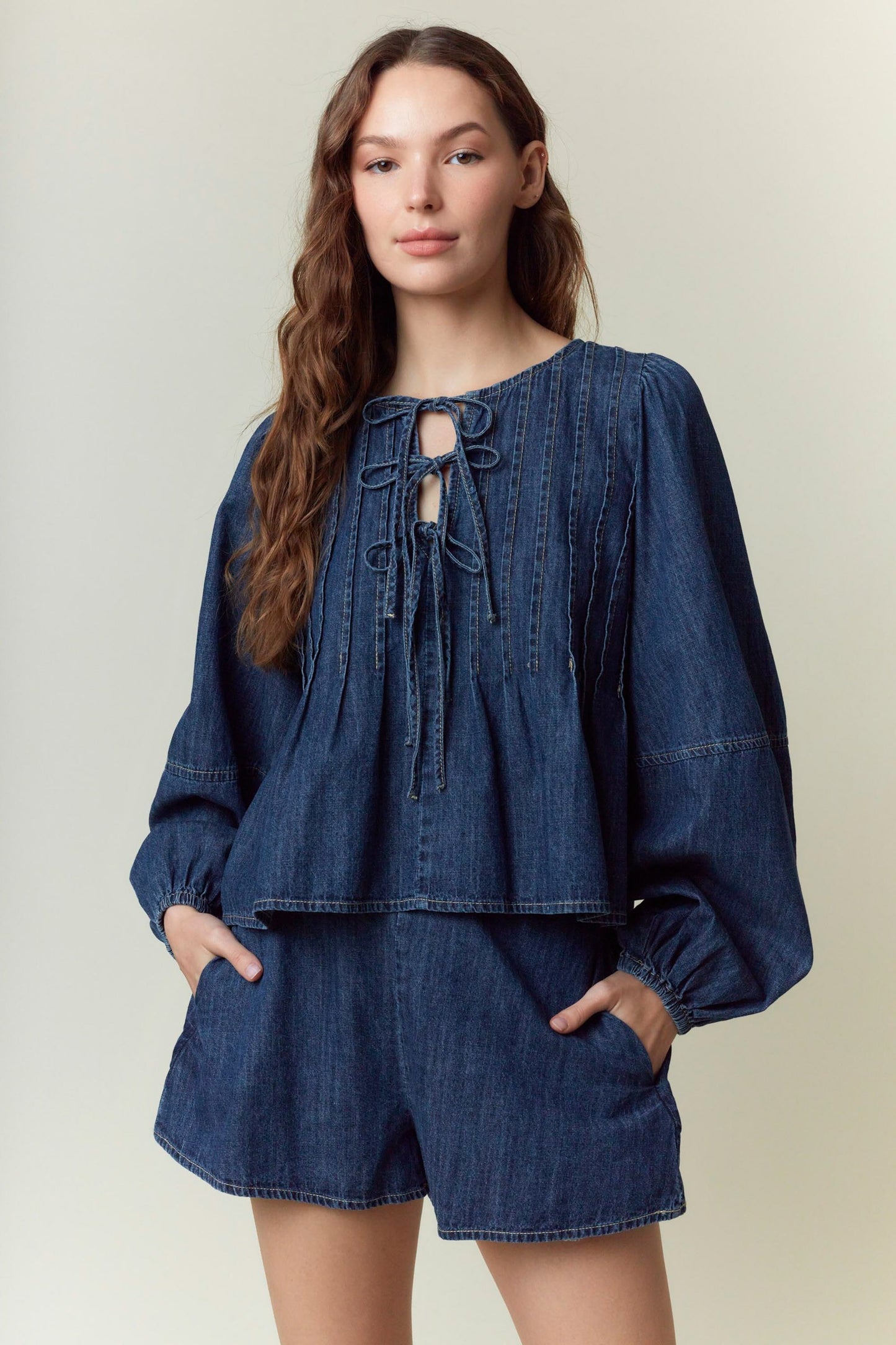 Washed Denim Pleats With Front Tie Flare Top