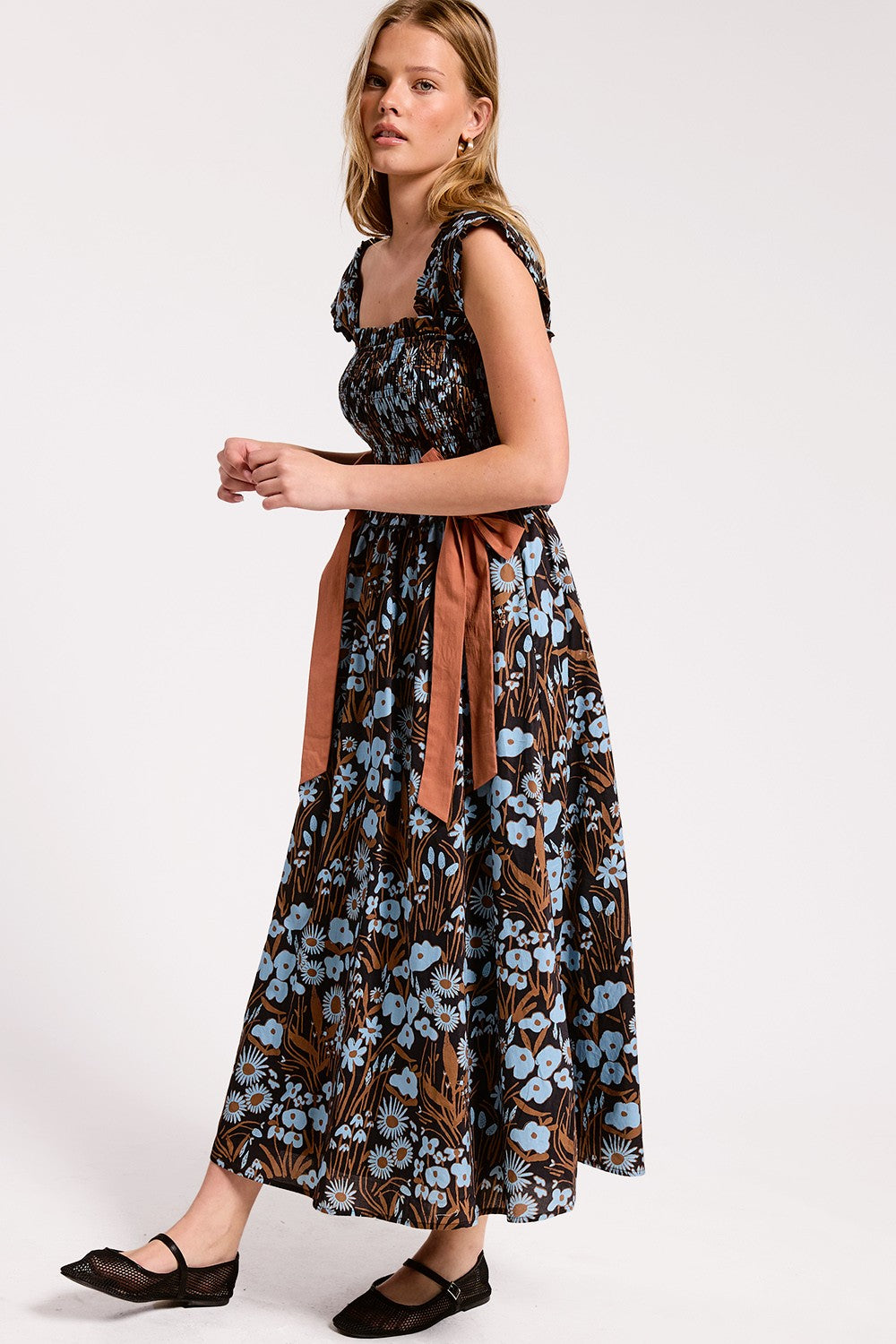 Fall Floral Ribbon Midi Dress