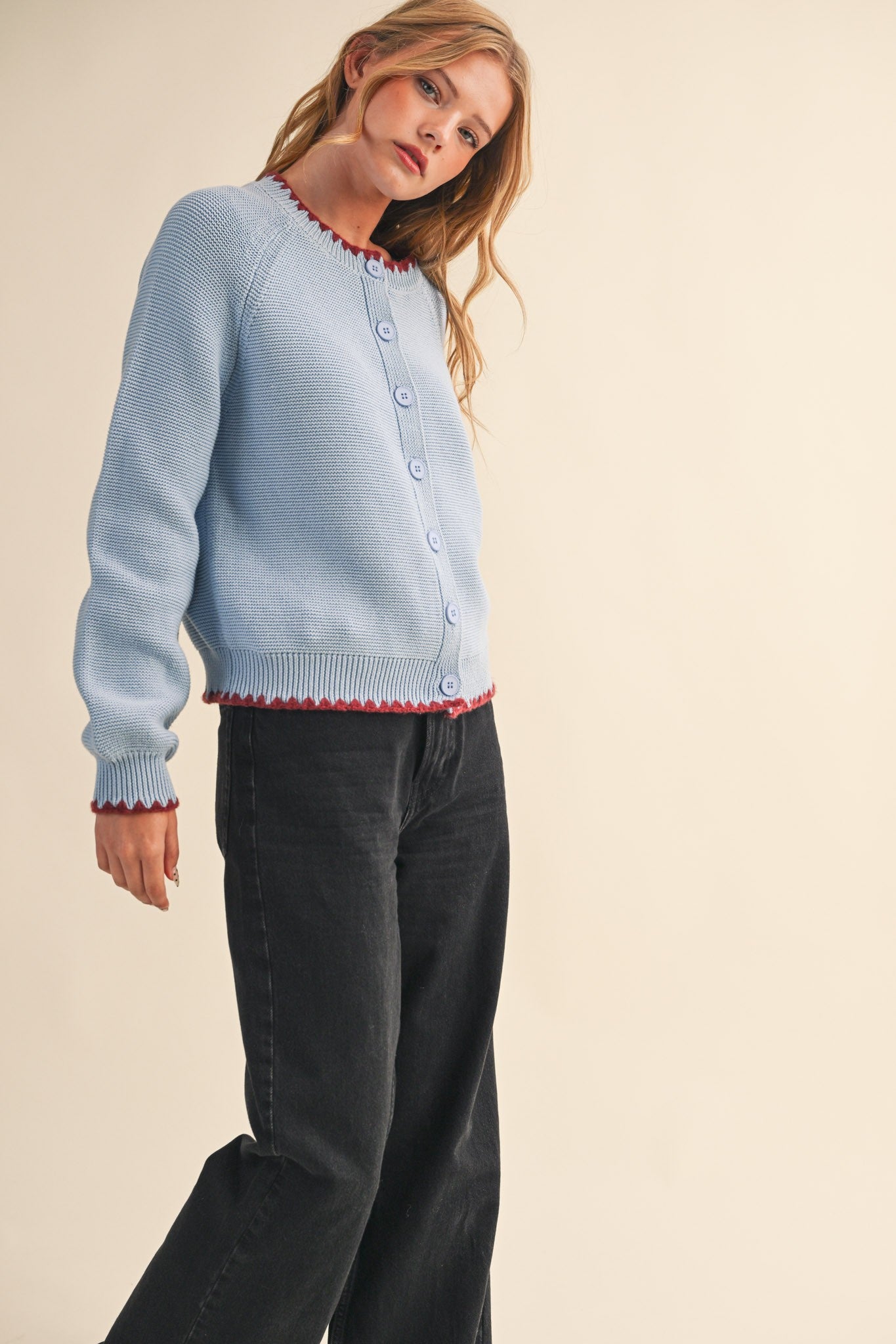 Contrast Scalloped Collar Sweater Cardigan