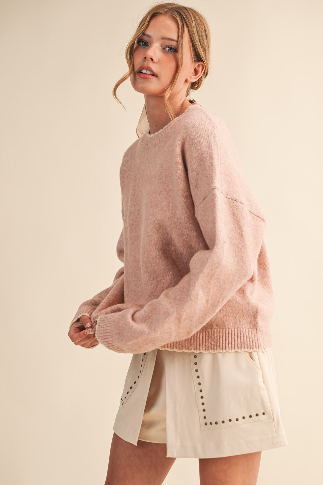 Contrast Knit Scalloped Edge Sweater