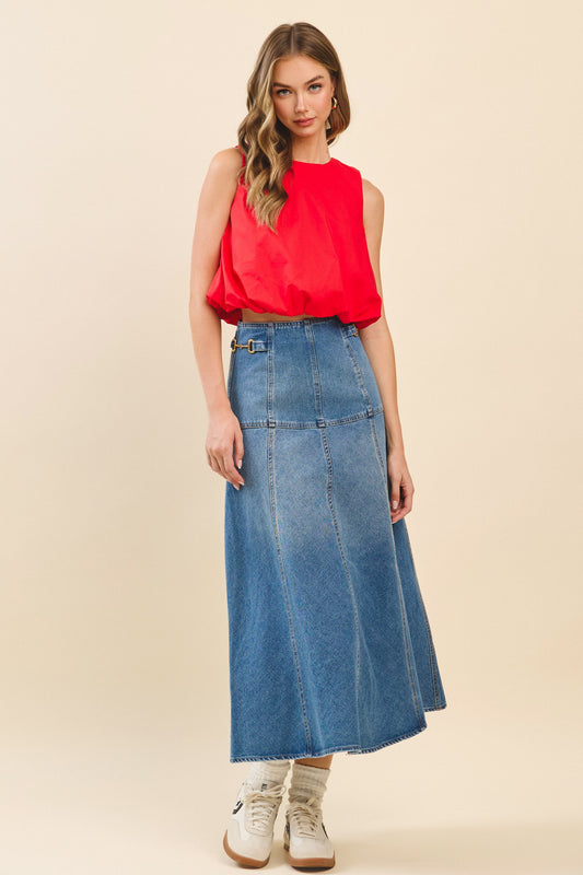 High Waisted Paneled A Line Denim Midi Skirt