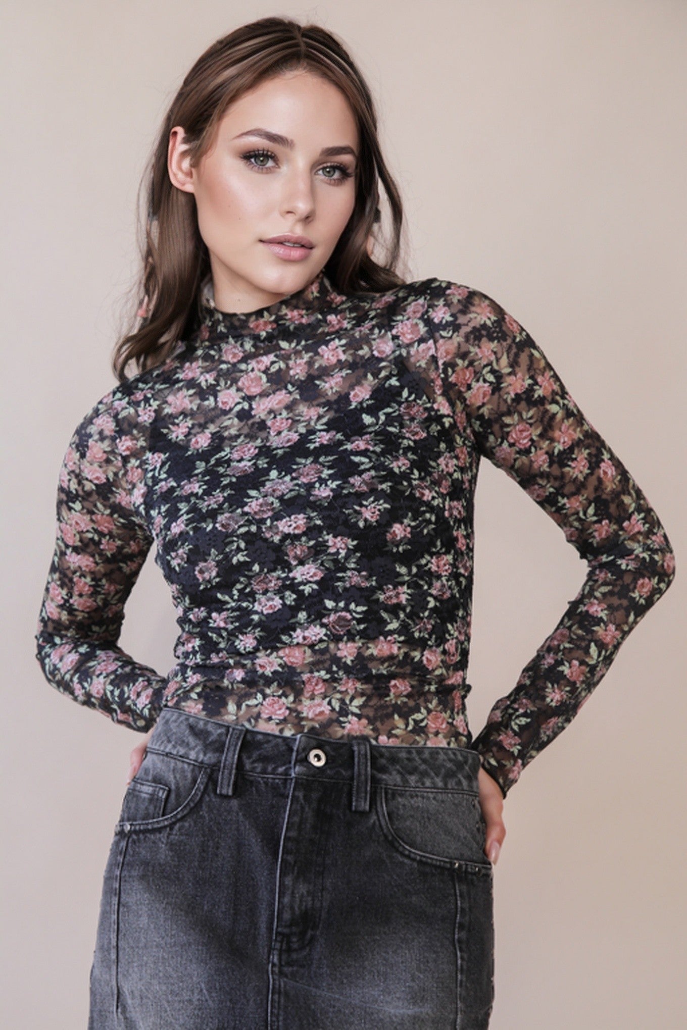 High Neck Fitted Sheer Mesh Lace Knit Top