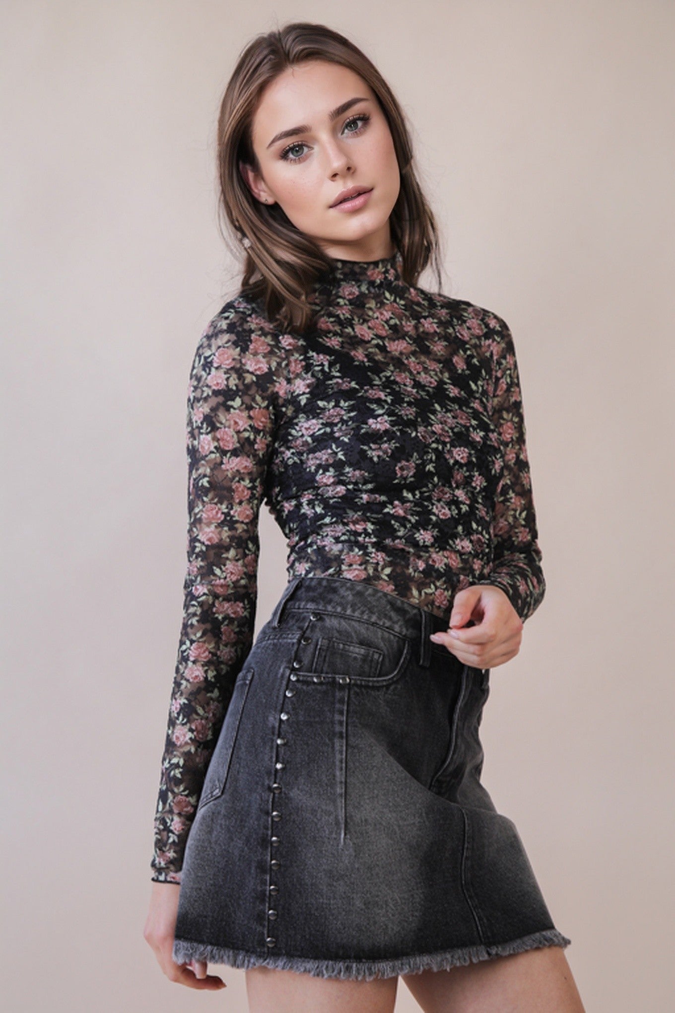 High Neck Fitted Sheer Mesh Lace Knit Top