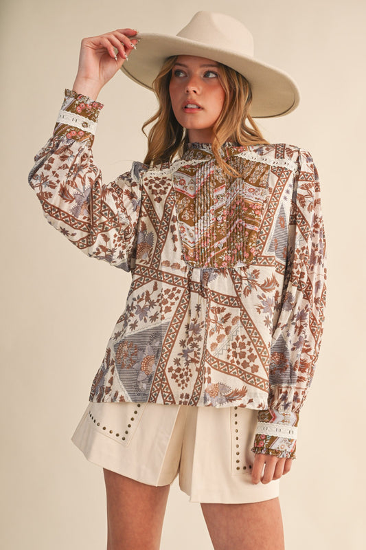 Patchwork Print Lace Trim Pin Tuck Blouse