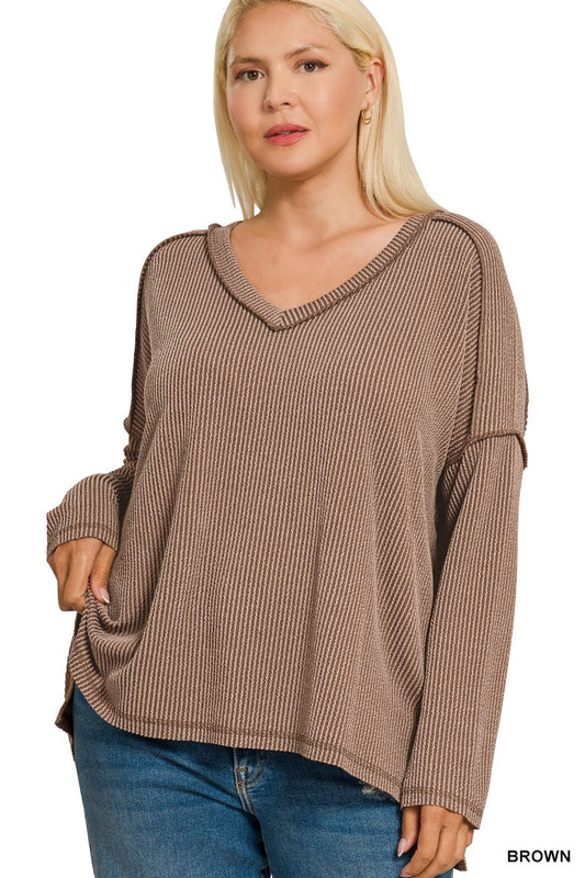 Plus Raised Rib Long Sleeve Hi-low V Neck Top