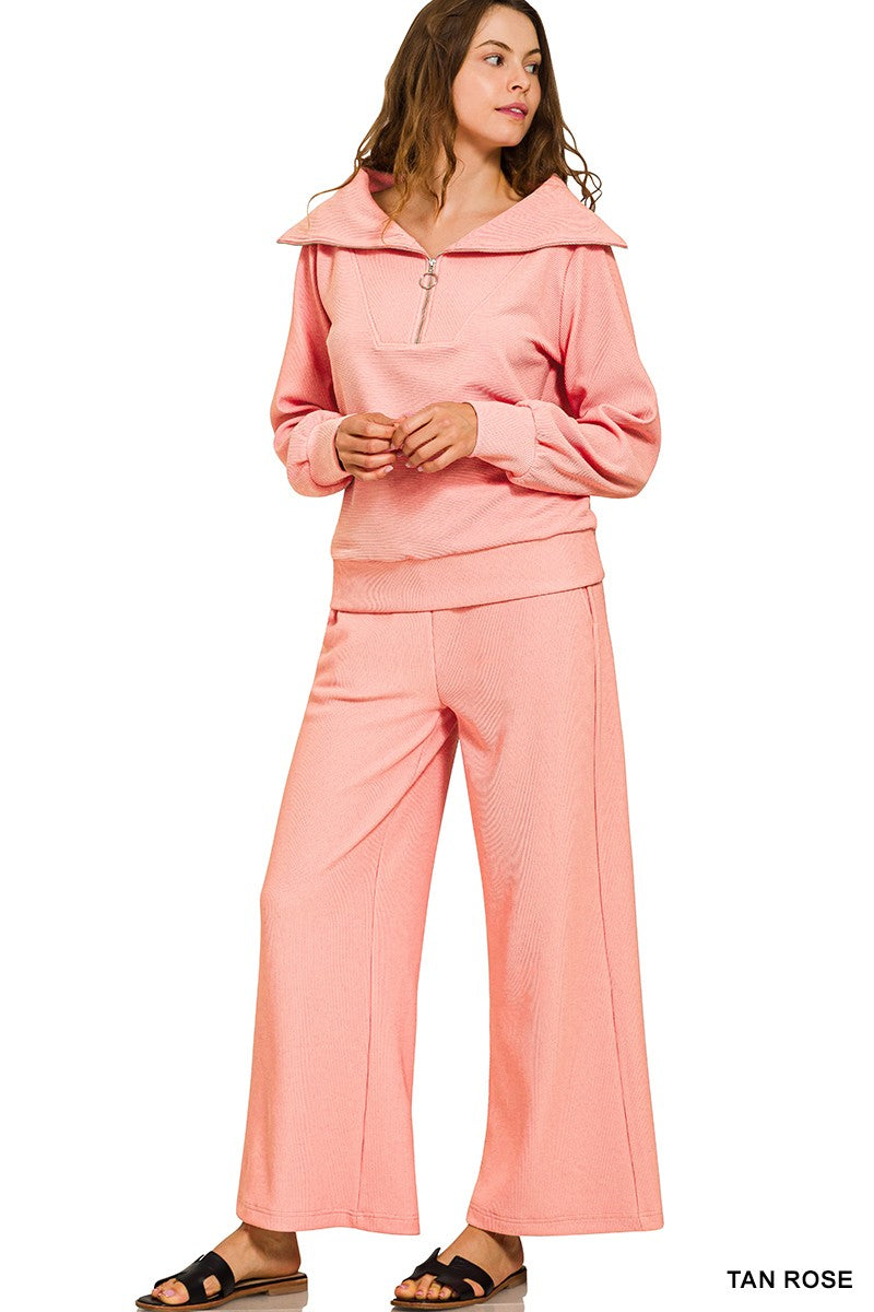Ribbed High Neck Half Zip Pullover & Pants Set