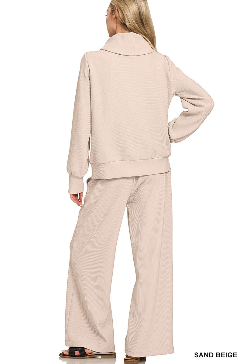 Ribbed High Neck Half Zip Pullover & Pants Set