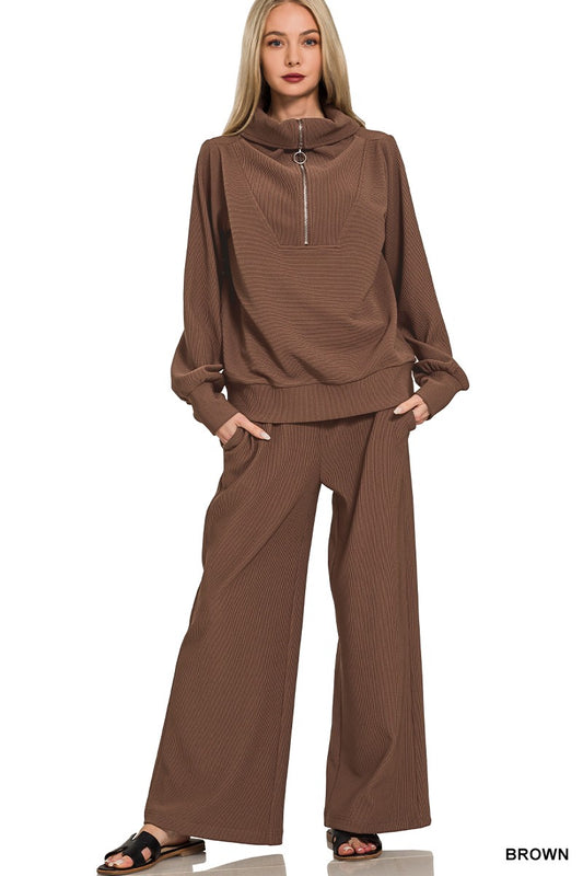 Ribbed High Neck Half Zip Pullover & Pants Set