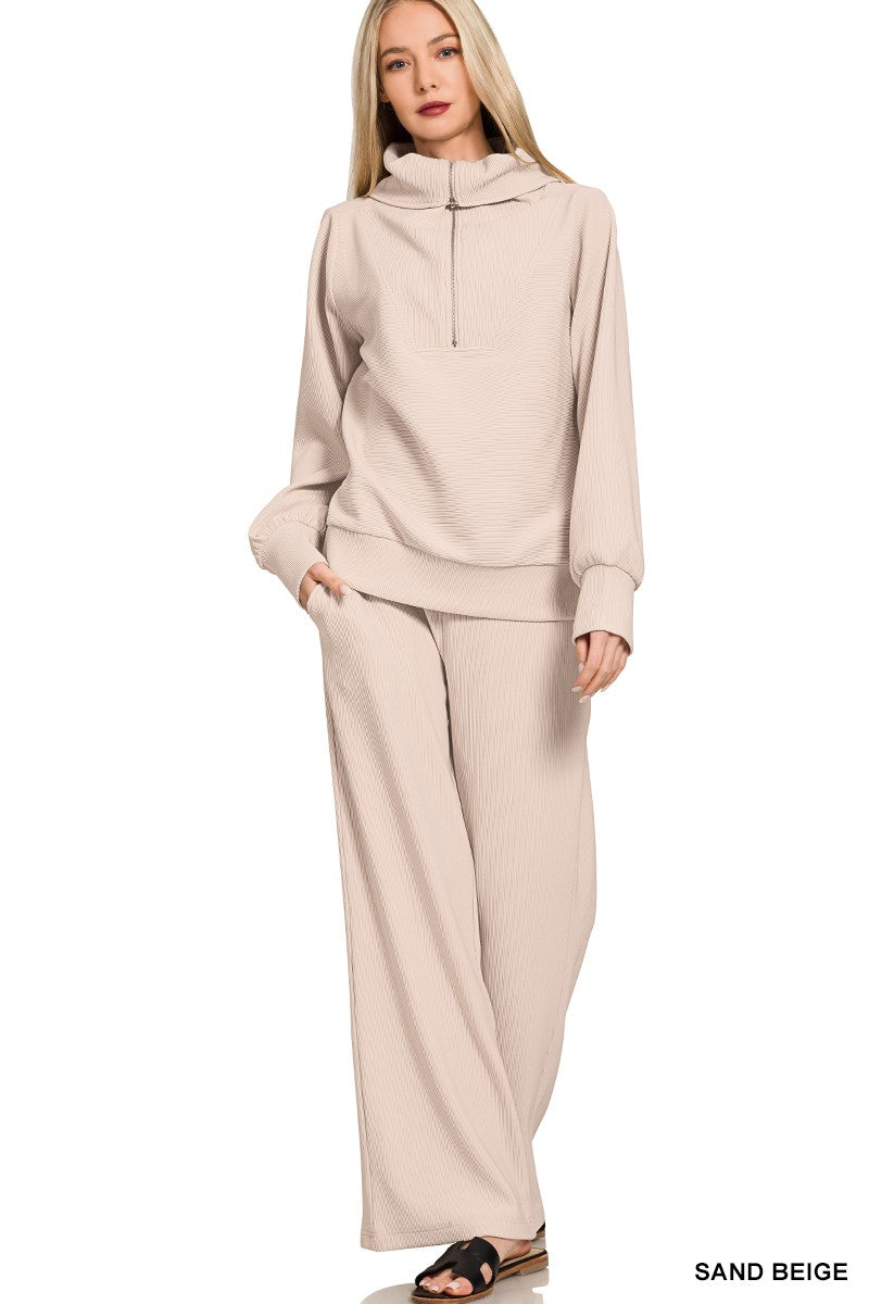 Ribbed High Neck Half Zip Pullover & Pants Set