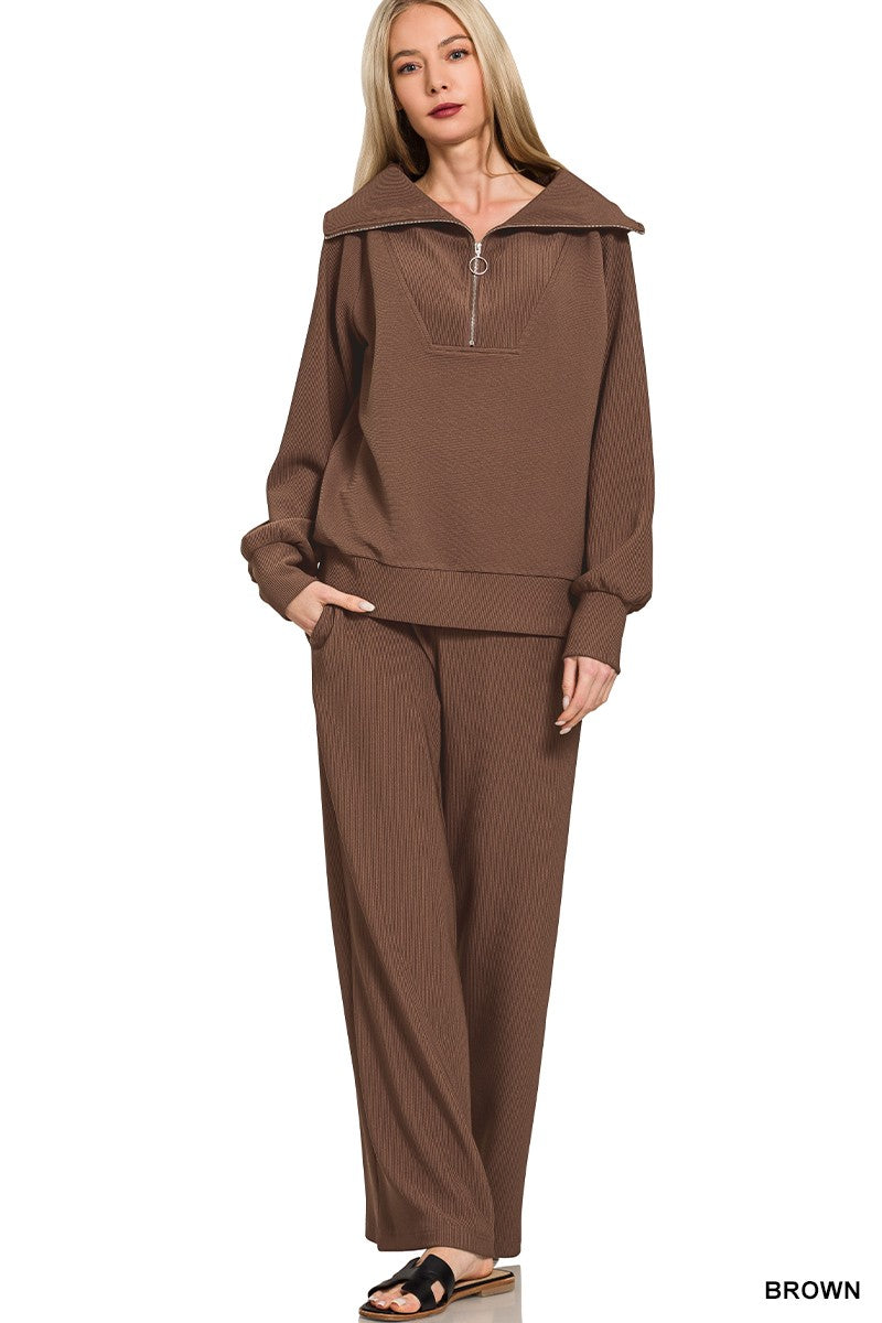 Ribbed High Neck Half Zip Pullover & Pants Set