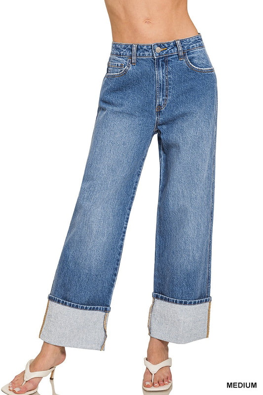 High Rise Cuffed Wide Leg Denim Pants