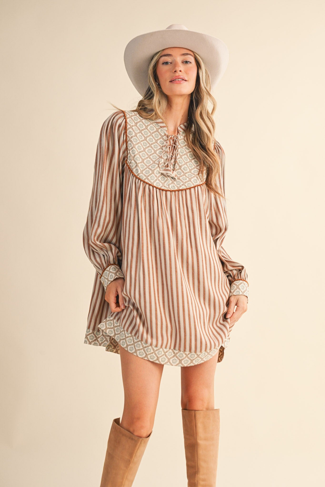 Striped Mini Dress Contrast Floral Yoke