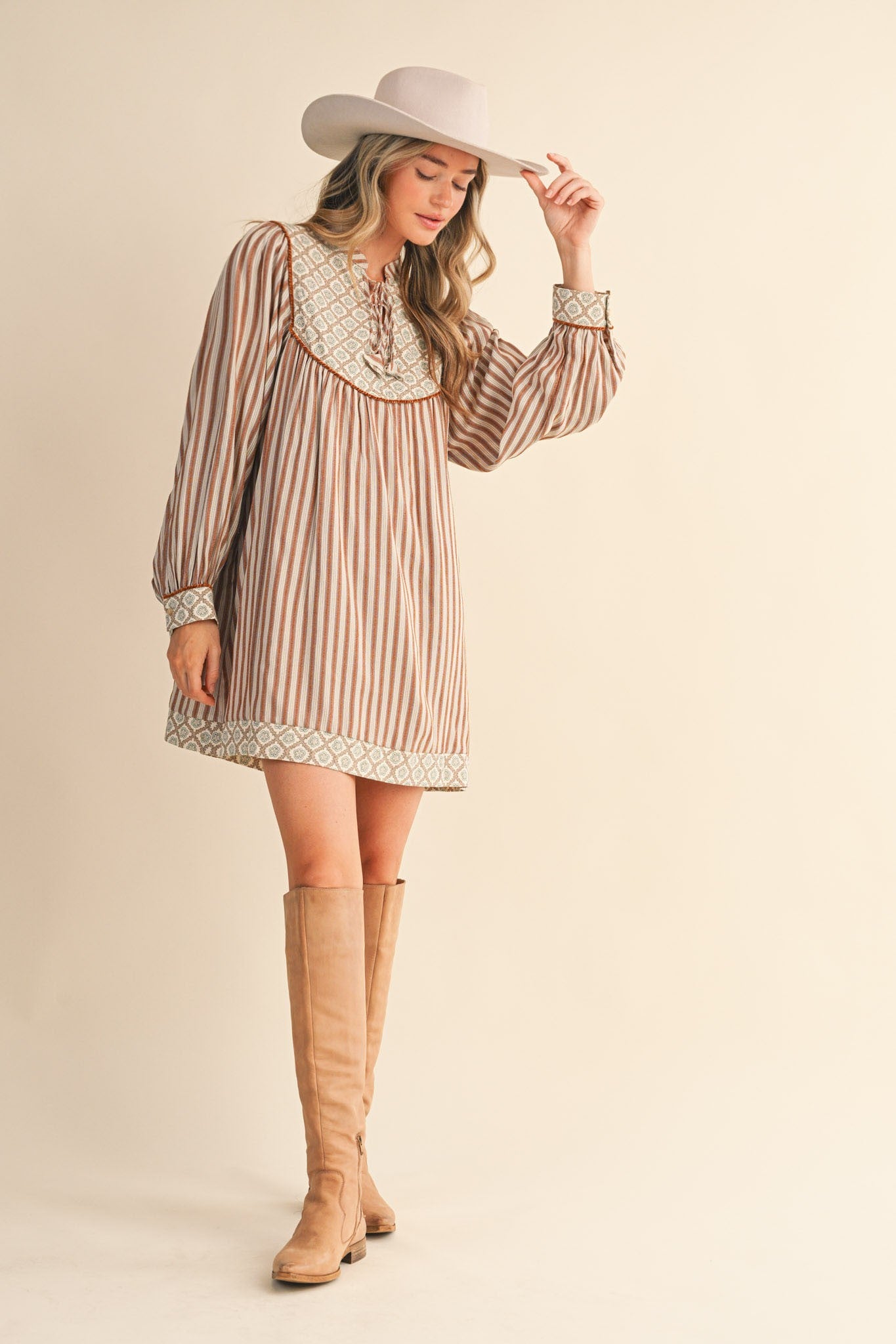Striped Mini Dress Contrast Floral Yoke