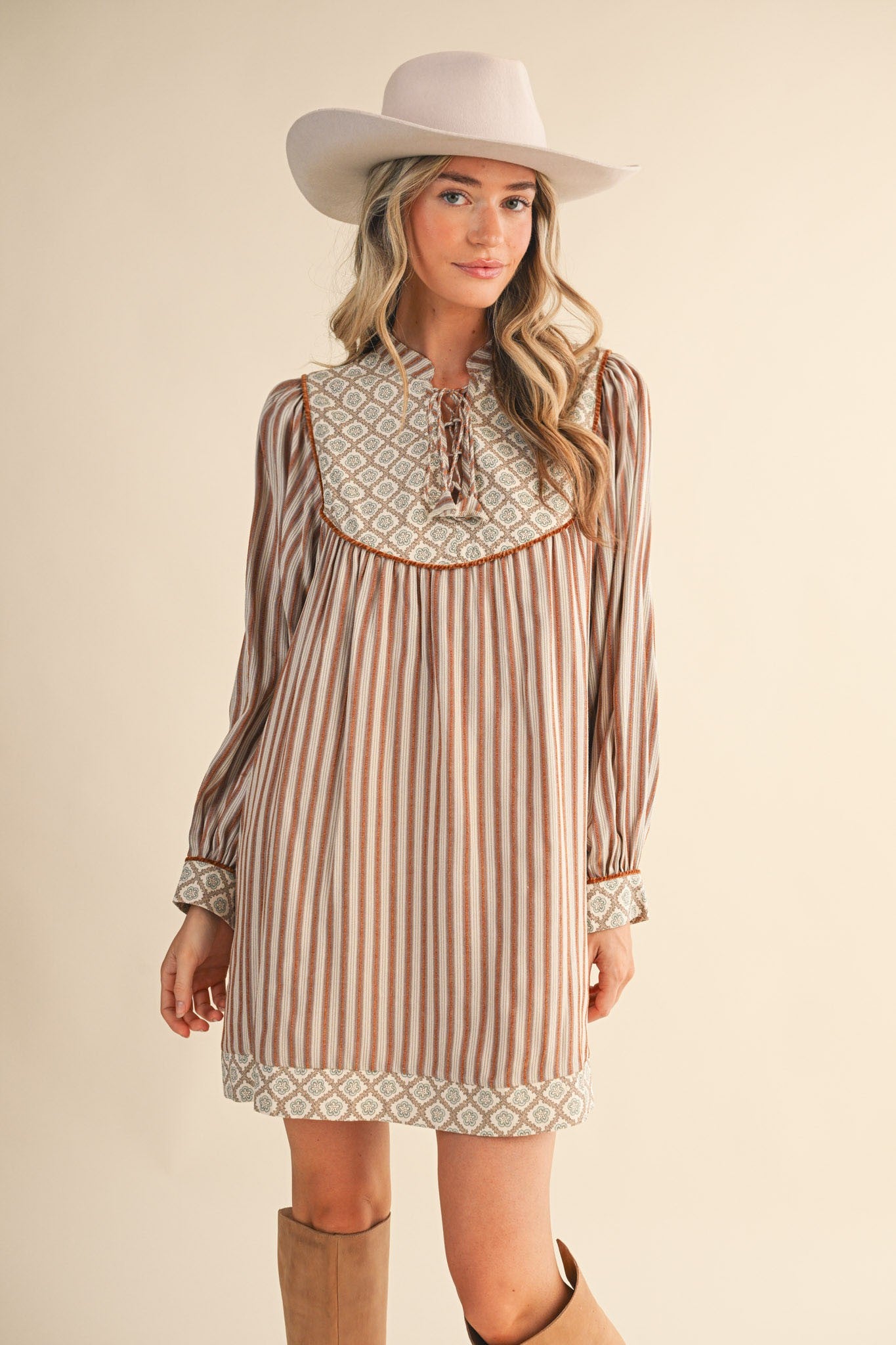 Striped Mini Dress Contrast Floral Yoke