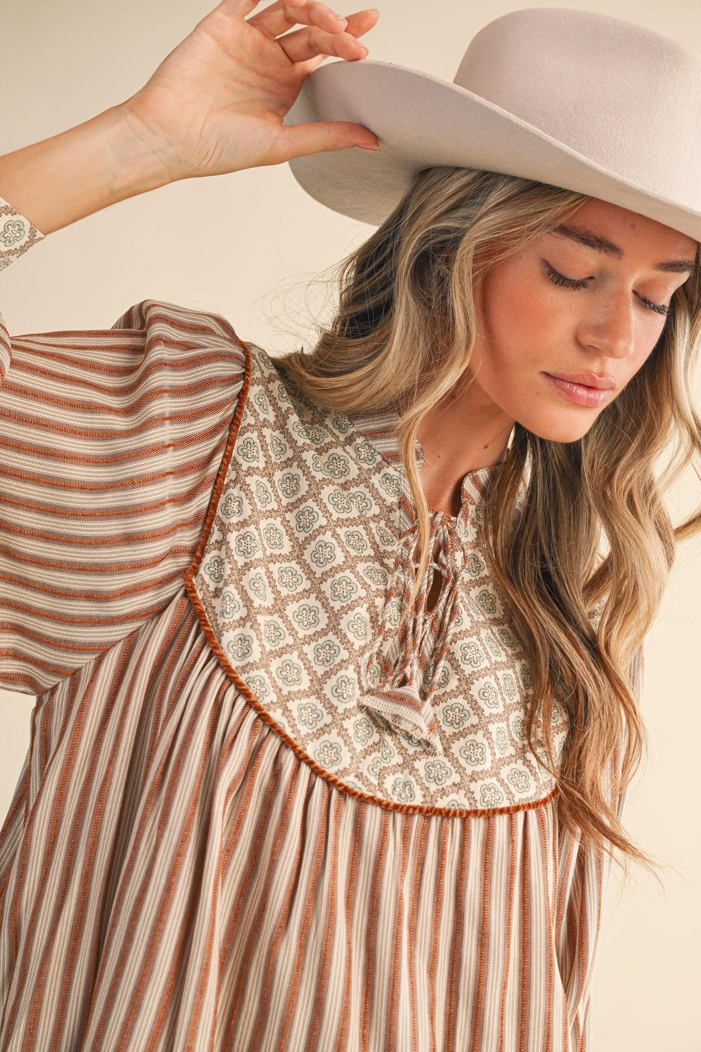 Striped Mini Dress Contrast Floral Yoke