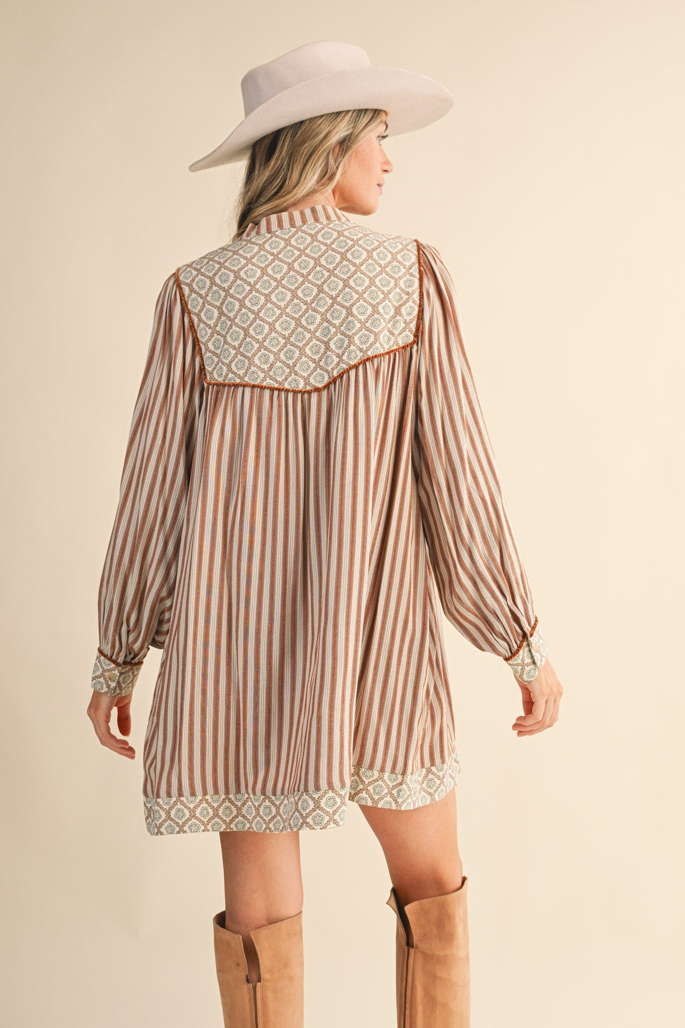 Striped Mini Dress Contrast Floral Yoke