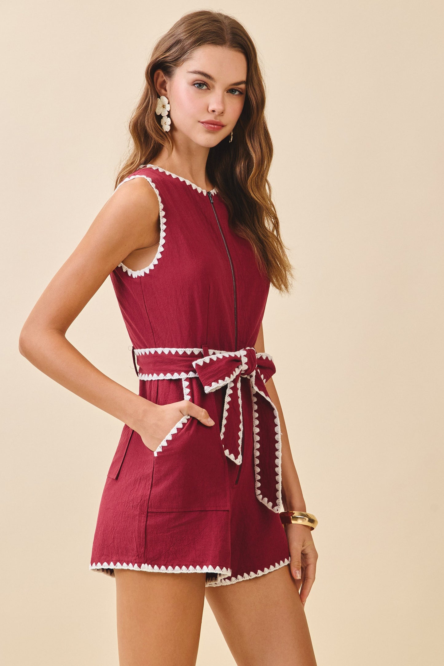 Triangle Embroidery Stitch Detail Romper