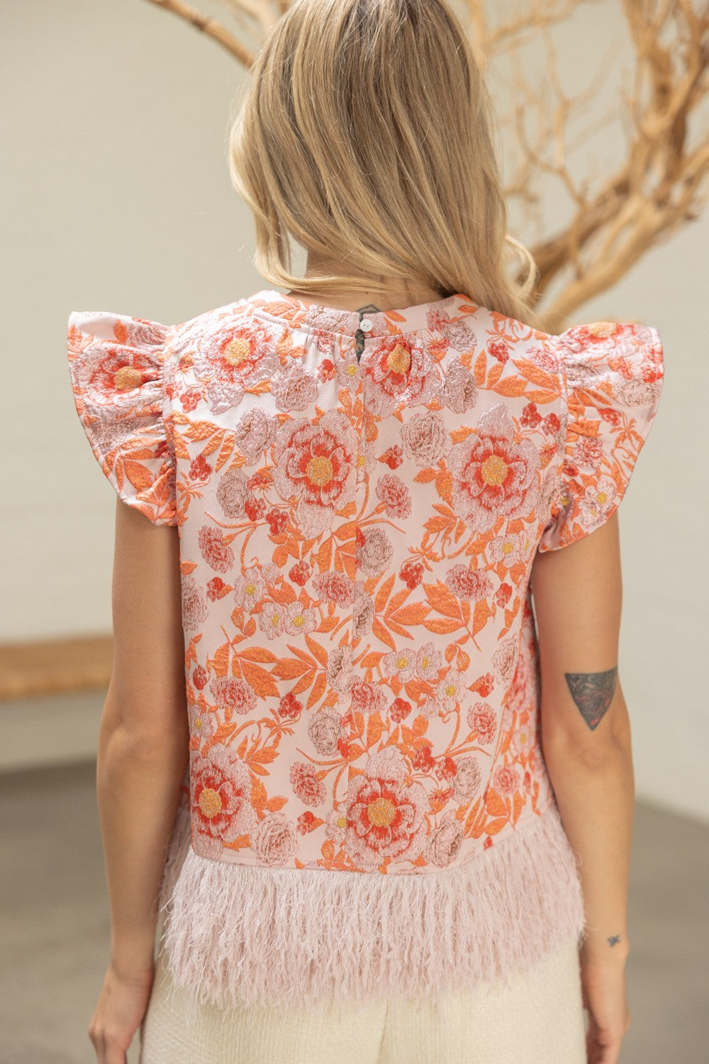 Ostrich Feather Fringe Trim Floral Jacquard Top