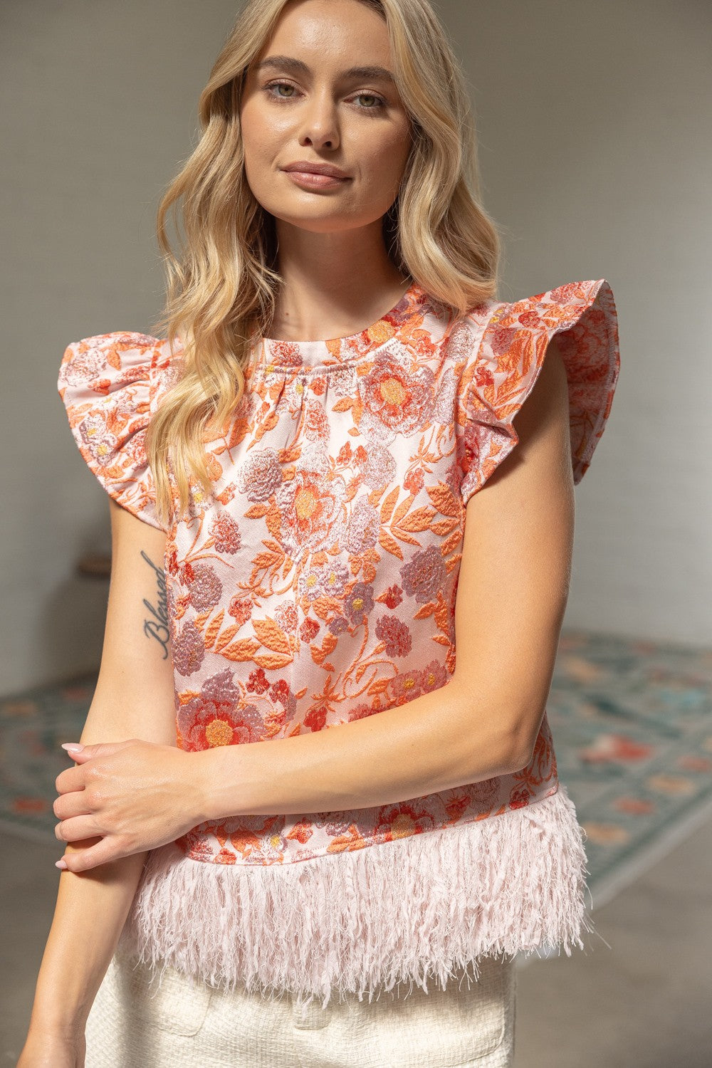 Ostrich Feather Fringe Trim Floral Jacquard Top