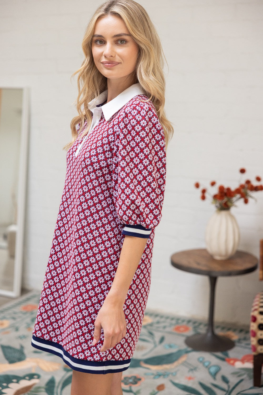 Collar Button Down Textured Floral Print Dress