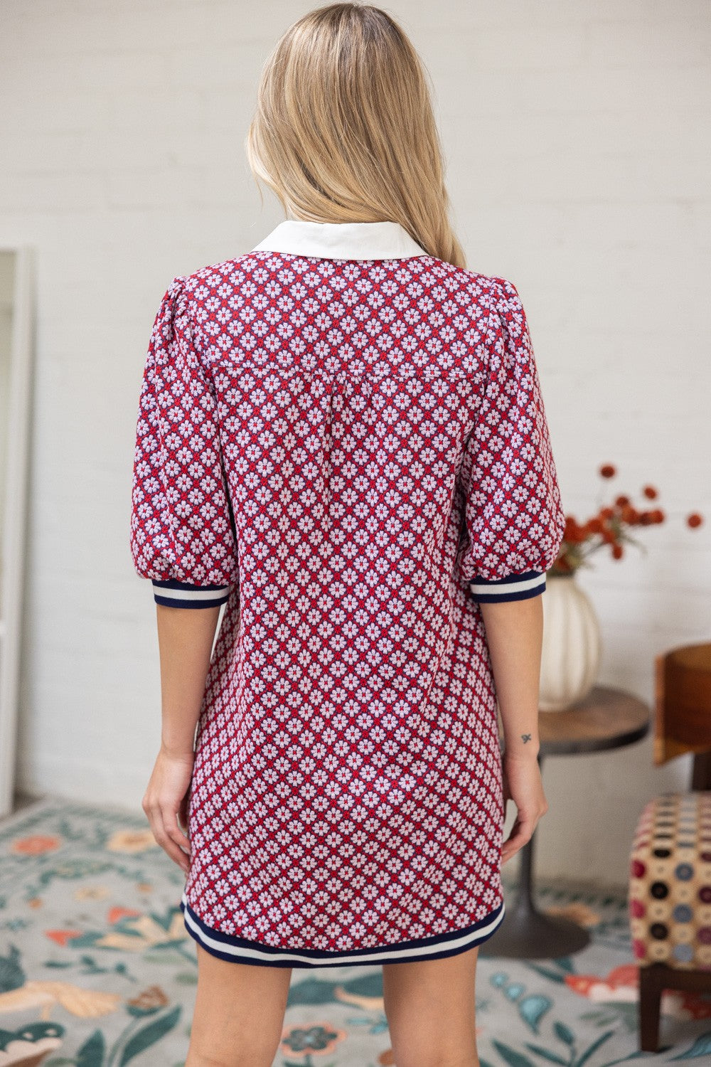 Collar Button Down Textured Floral Print Dress