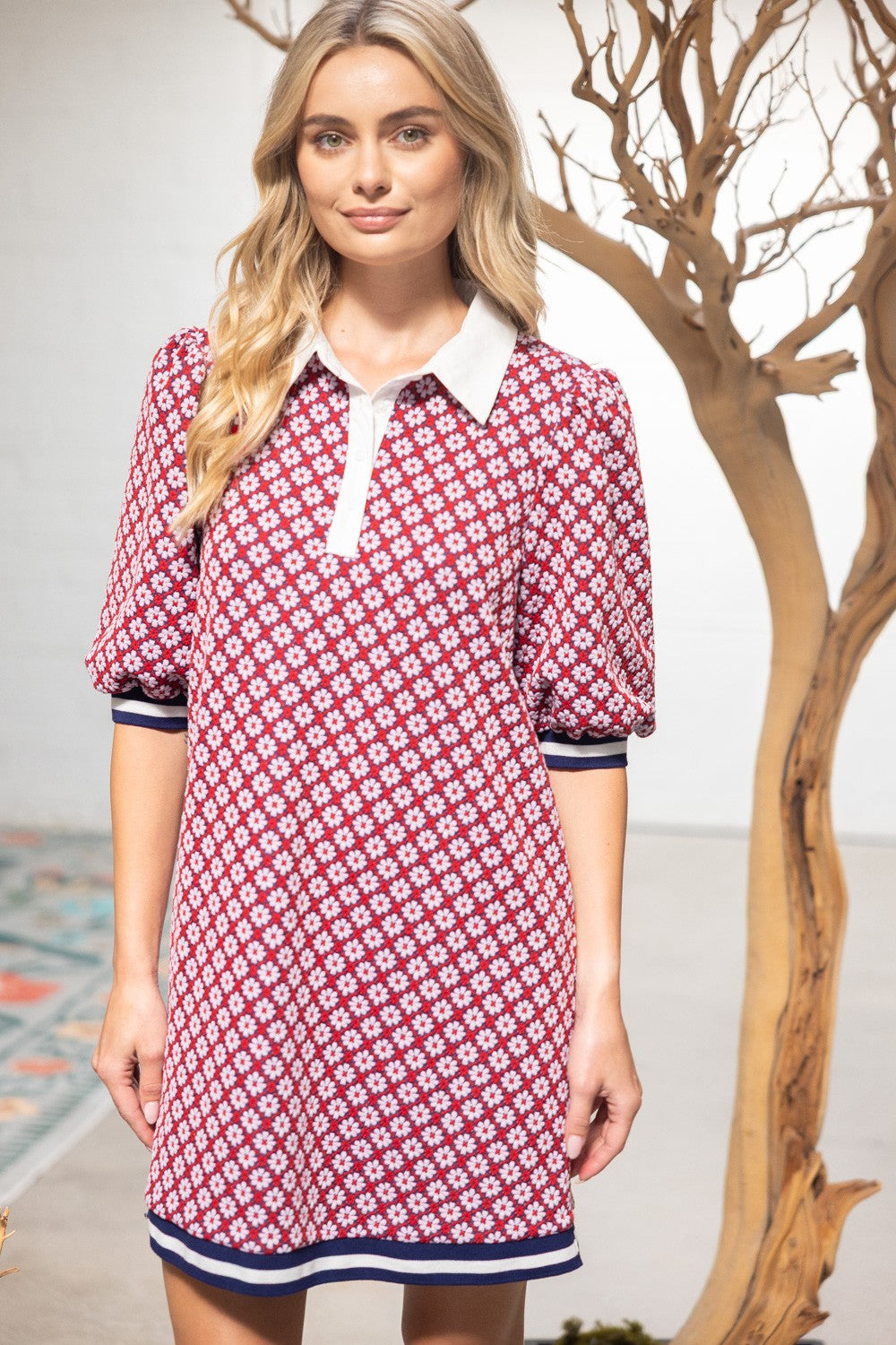 Collar Button Down Textured Floral Print Dress