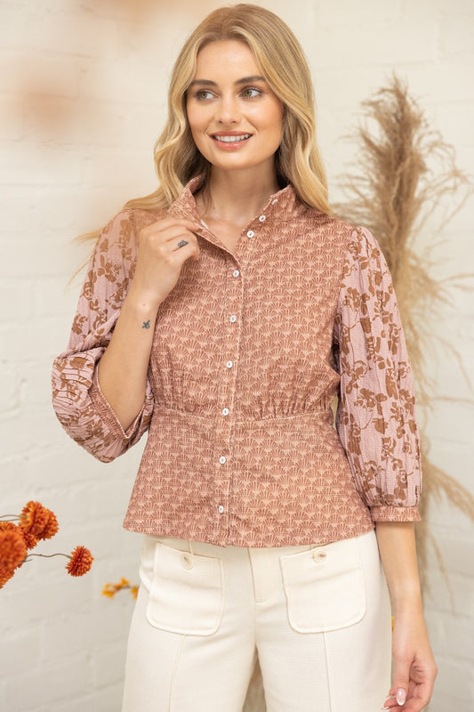 Multi Print Button Down Peplum Top