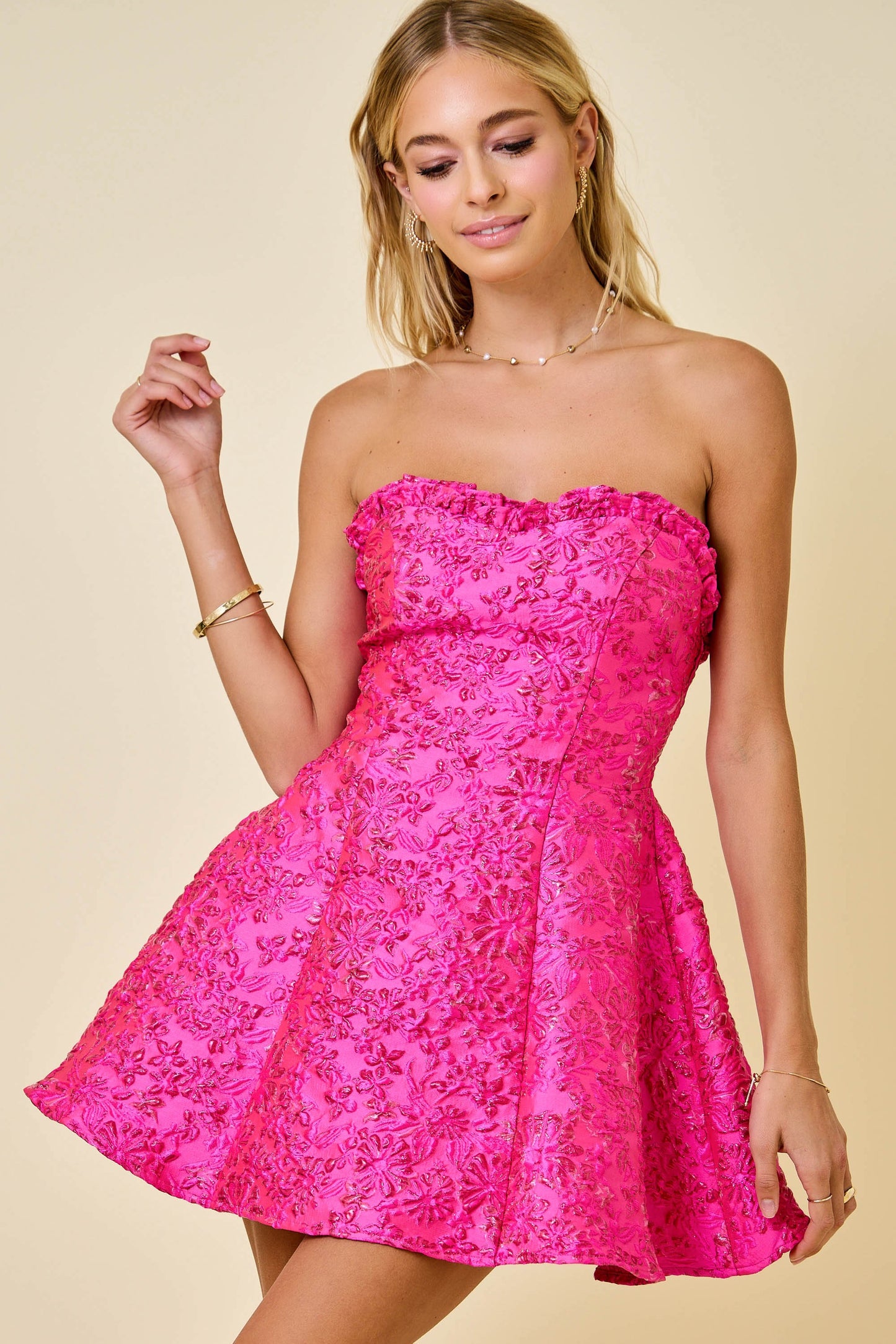 Strapless Floral Metallic Jacquard Babydoll Dress