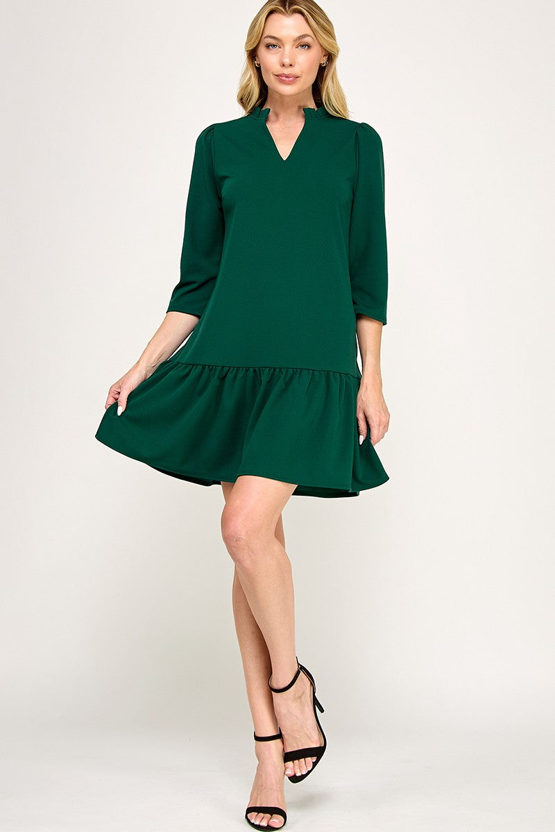 Solid ruffle neck dress